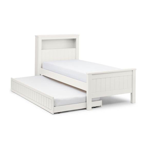 White wooden bed with a trundle on a white background