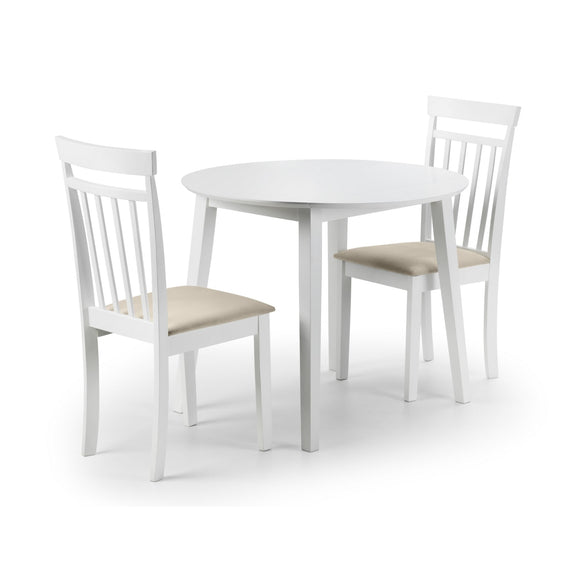 White round table with four matching chairs on a white background
