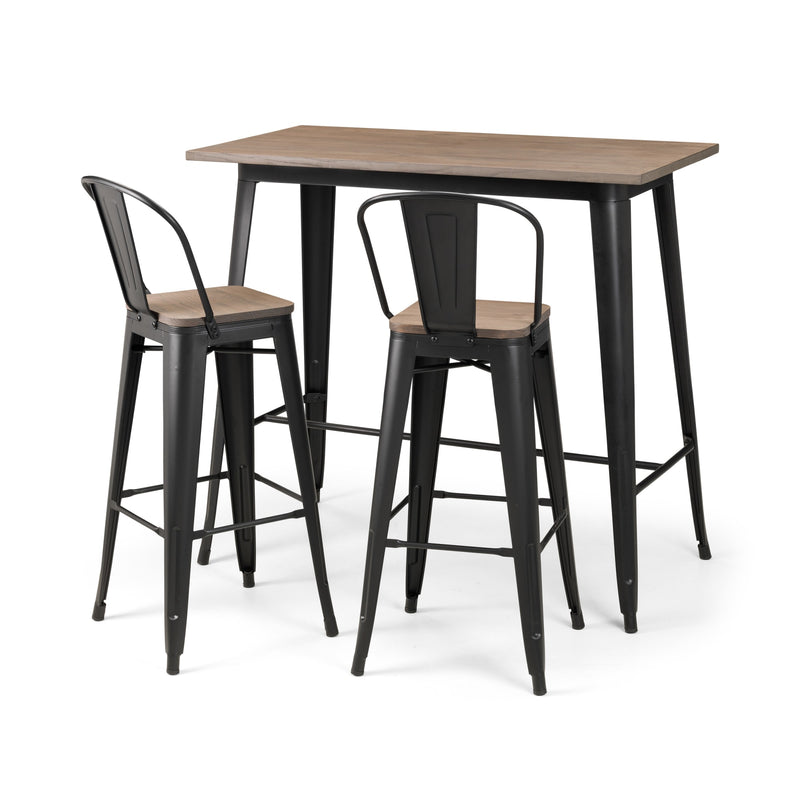 Wooden table with black metal bar stools on a white background