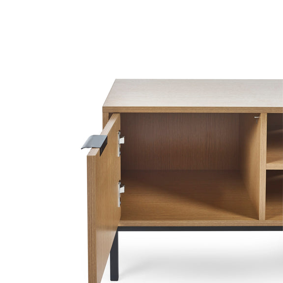Wooden desk with a drawer open on a white background