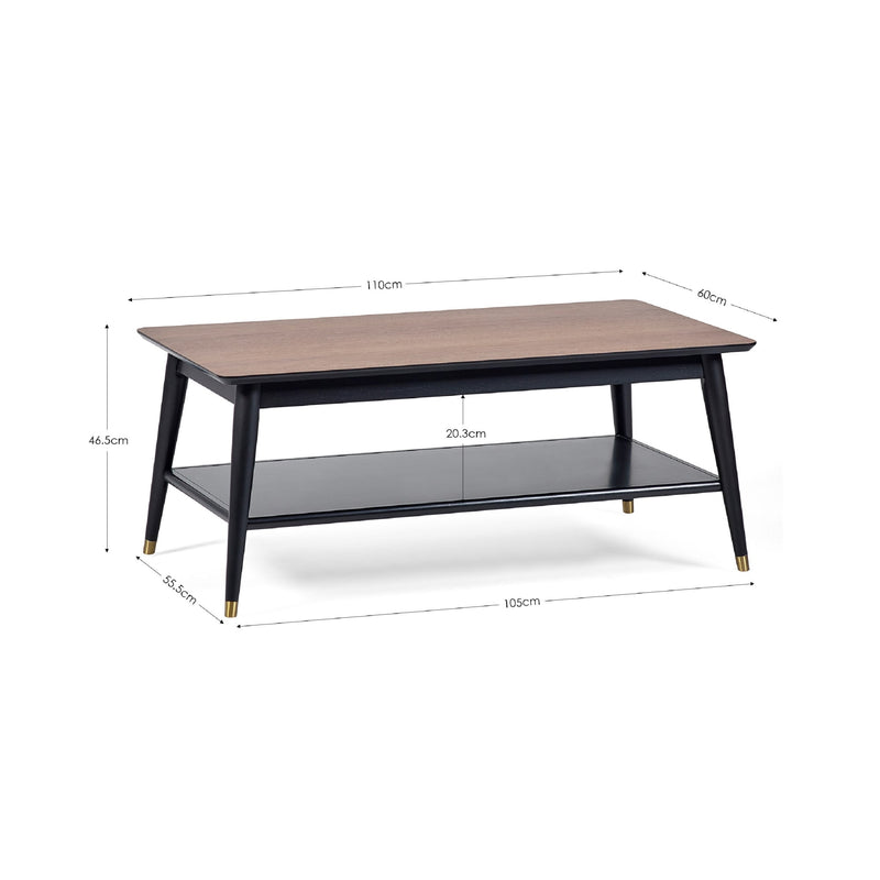 Coffee table with dimensions labeled on a white background