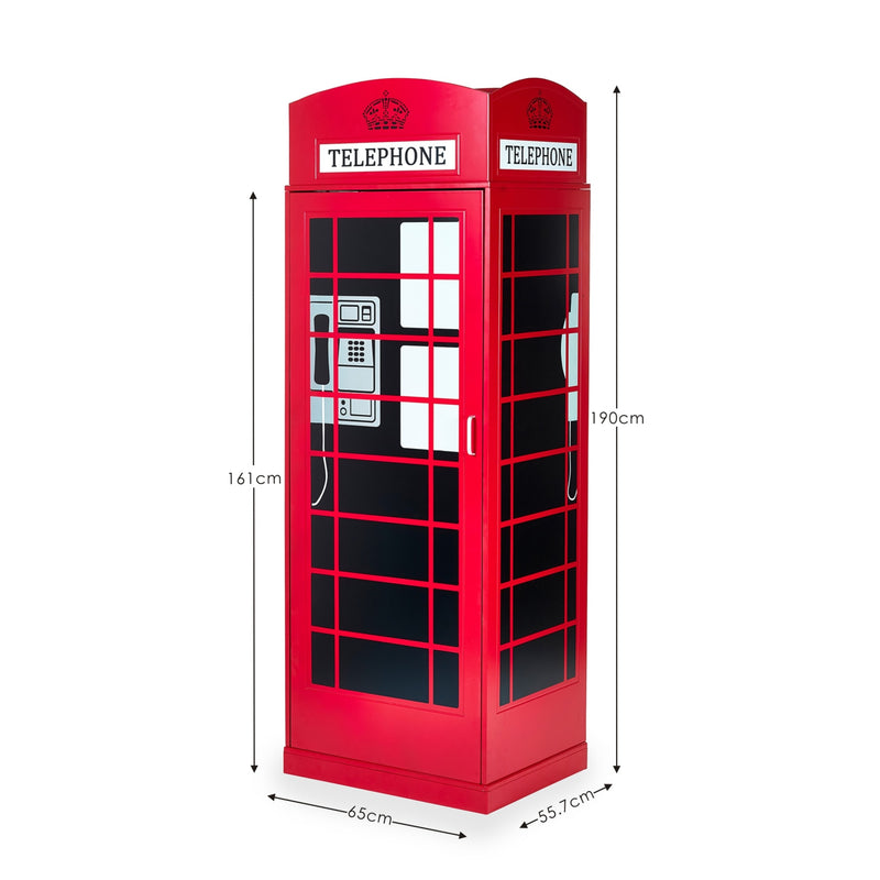 Red telephone booth with dimensions on a white background