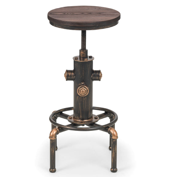 Wooden stool with industrial-style metal base on a white background