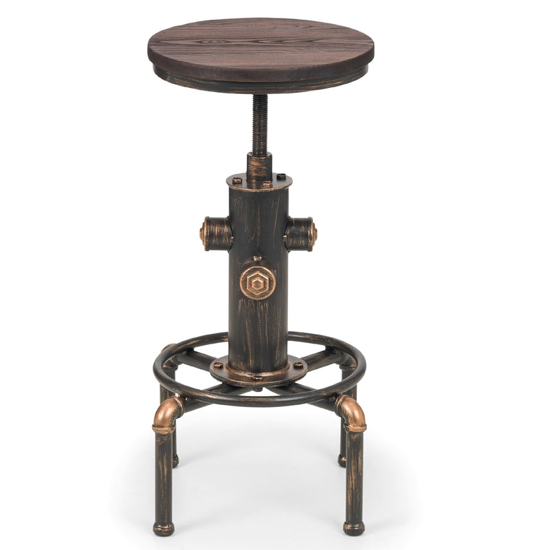 Wooden stool with industrial-style metal base on a white background