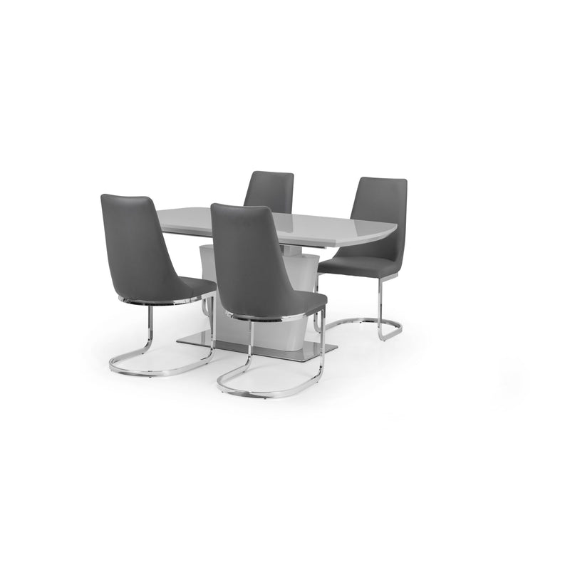Round glass dining table with four gray chairs on a white background