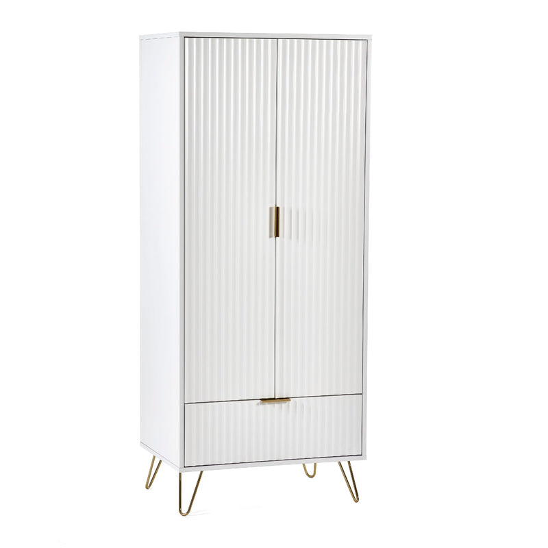 White cabinet with gold legs on a white background