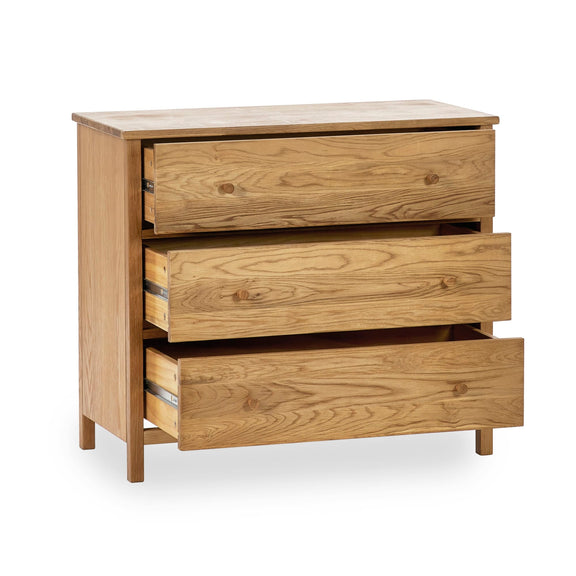Wooden dresser with three drawers on a white background