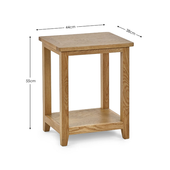 Wooden side table with dimensions on a white background