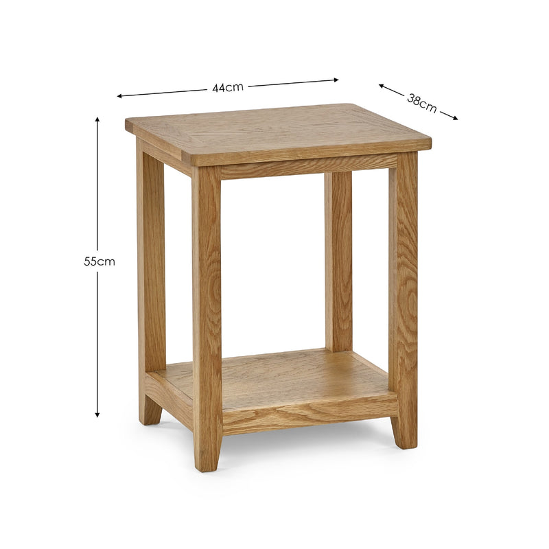 Wooden side table with dimensions on a white background
