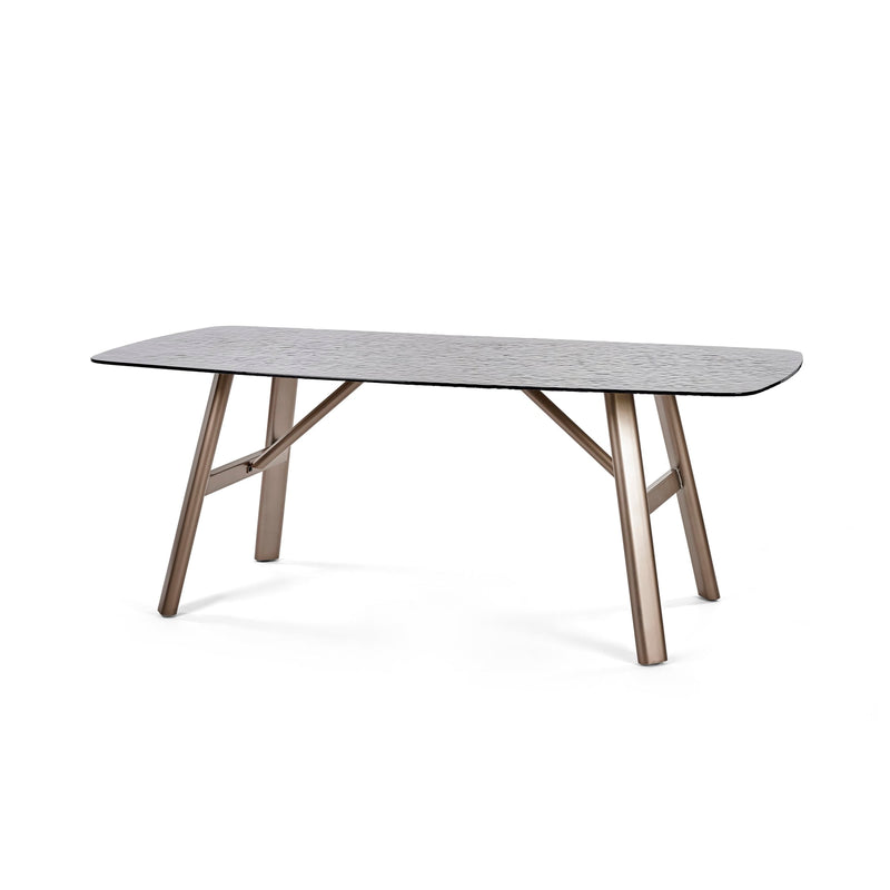 Rectangular table with a gray top and wooden legs on a white background