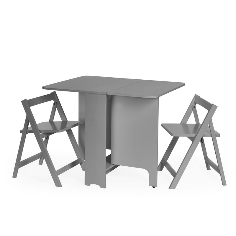 Gray table with two matching folding chairs on a white background