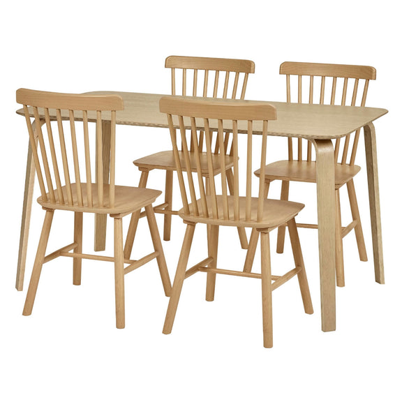 Wooden dining table set with four chairs on a white background