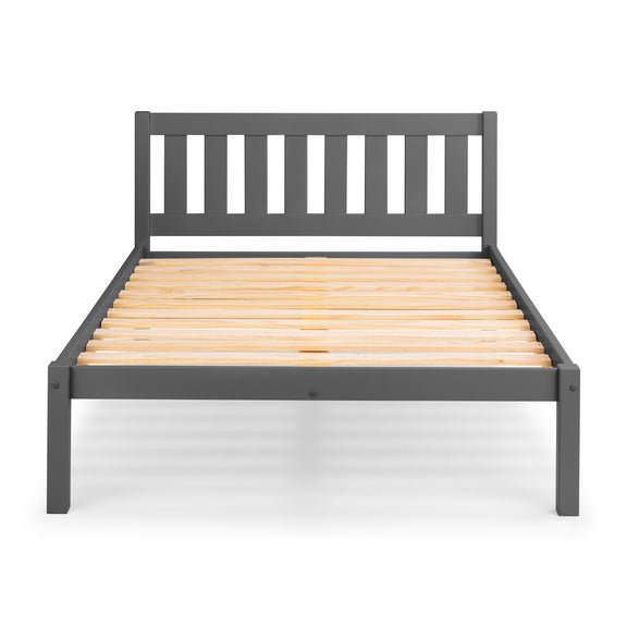 Gray metal bed frame with wooden slats on a white background