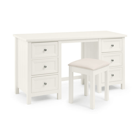White desk with drawers and a matching stool on a white background