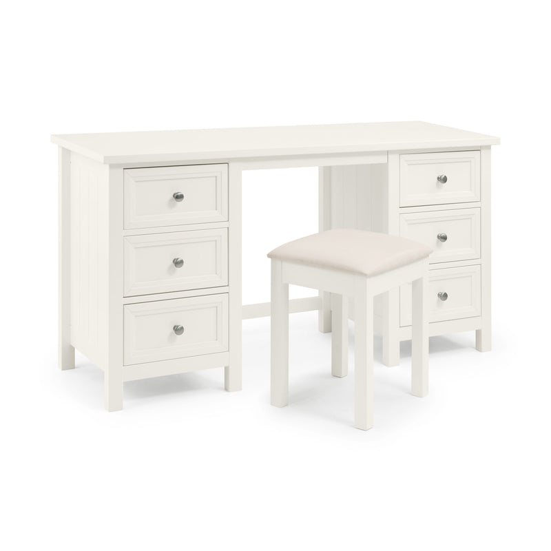 White desk with drawers and a matching stool on a white background