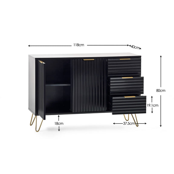 Black and white cabinet with dimensions labeled on a white background
