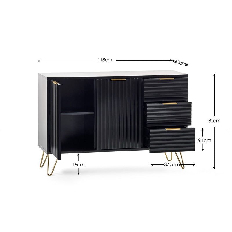 Black and white cabinet with dimensions labeled on a white background