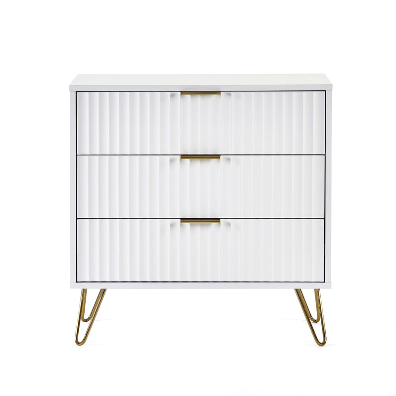 White dresser with gold legs on a white background
