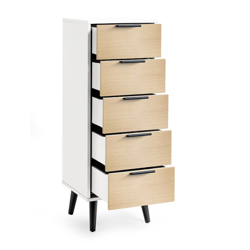 Tall white dresser with four light wood drawers on a white background