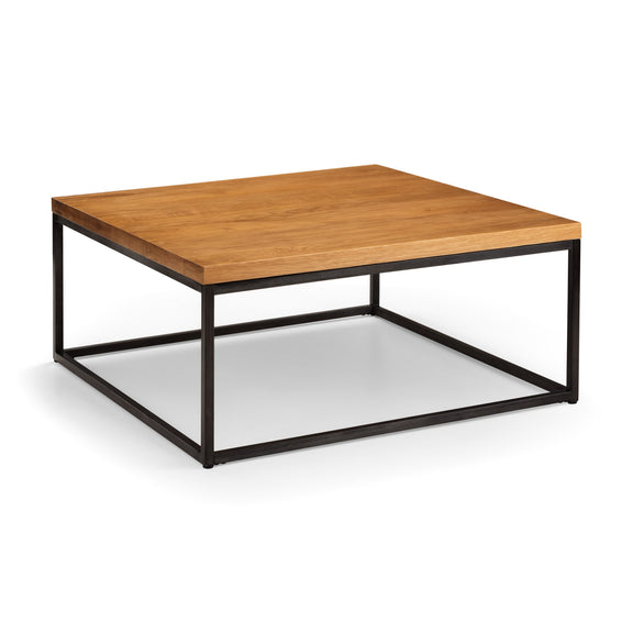 Wooden coffee table with metal frame on a white background