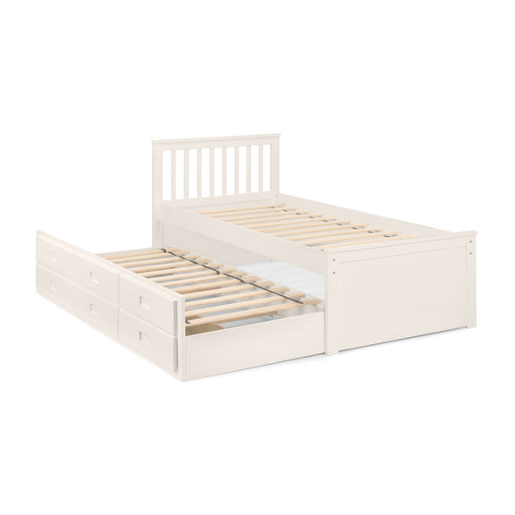 White wooden bed with storage drawers on a white background
