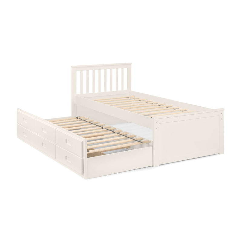 White wooden bed with storage drawers on a white background