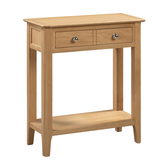 Wooden console table with two drawers on a white background