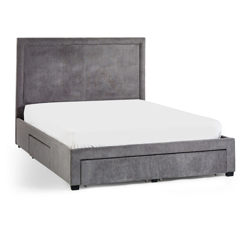 Gray upholstered bed with white mattress on a white background