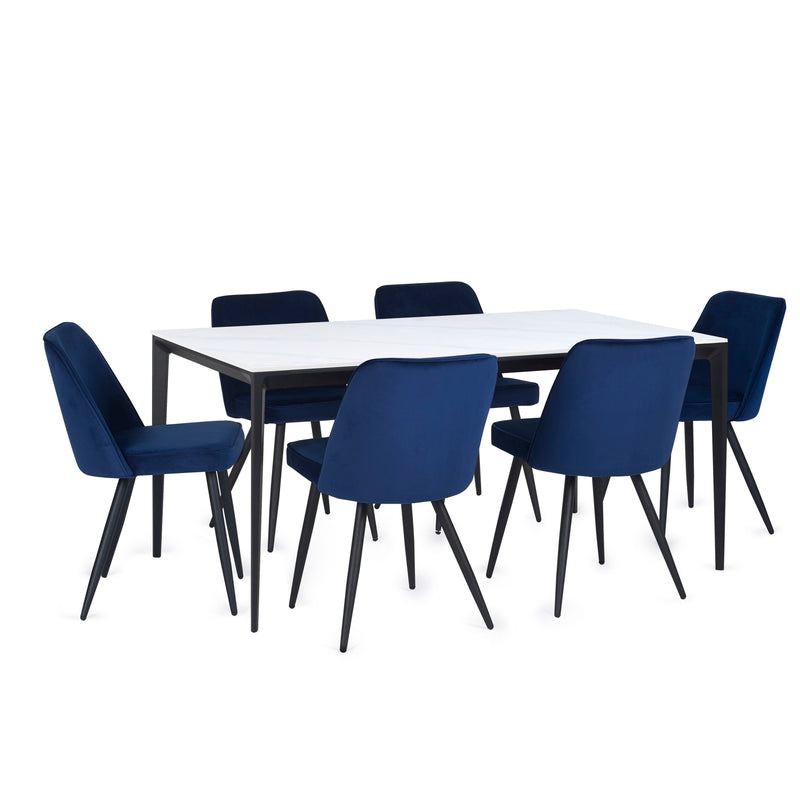 Dining table set with six blue chairs on a white background