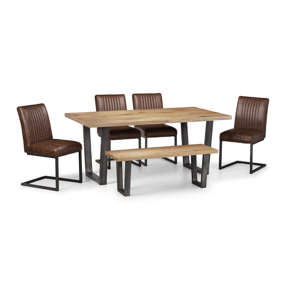 Dining set with wooden table and bench, paired with brown chairs on a white background