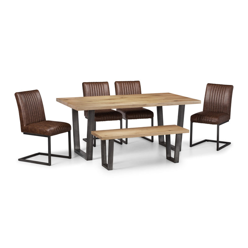 Dining set with wooden table and bench, paired with brown chairs on a white background