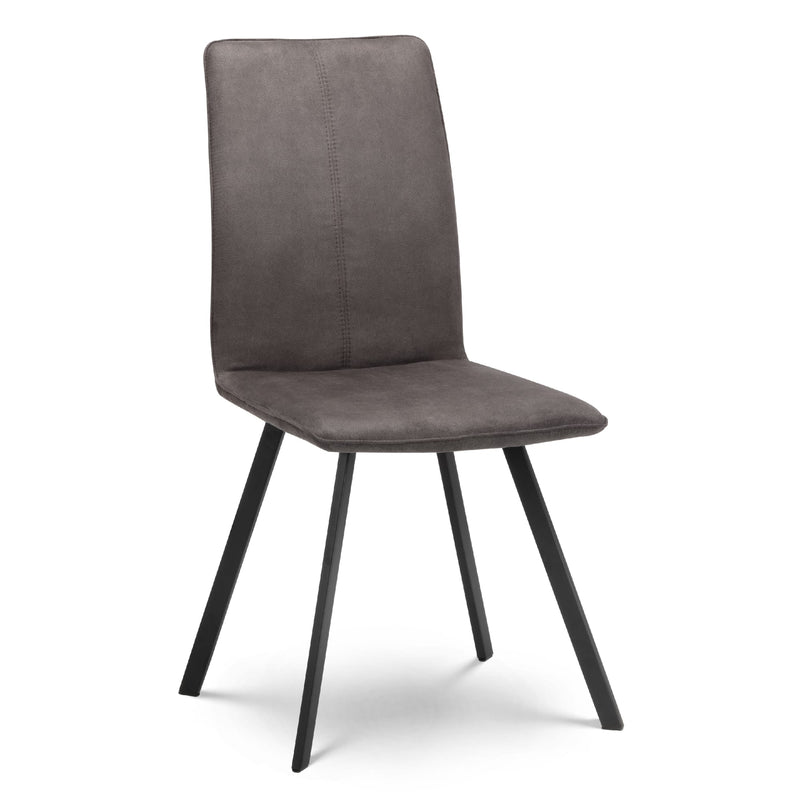 Gray upholstered chair with black legs on a white background