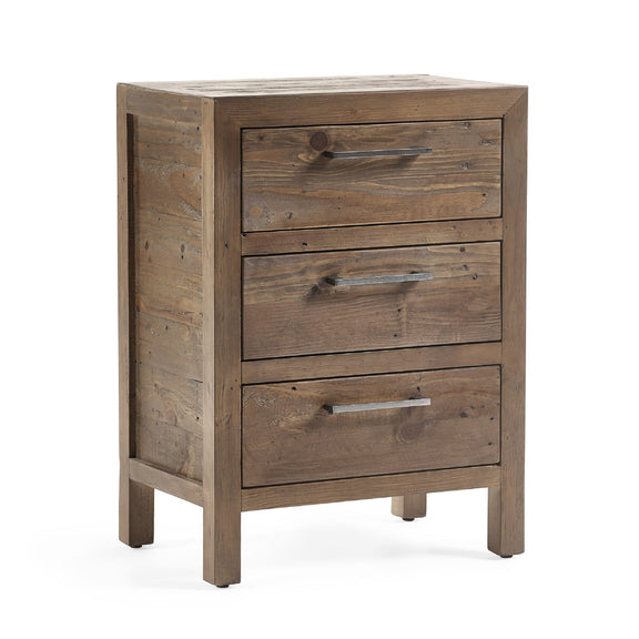 Wooden dresser with three drawers on a white background
