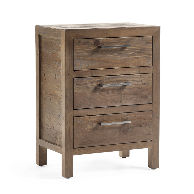 Wooden dresser with three drawers on a white background