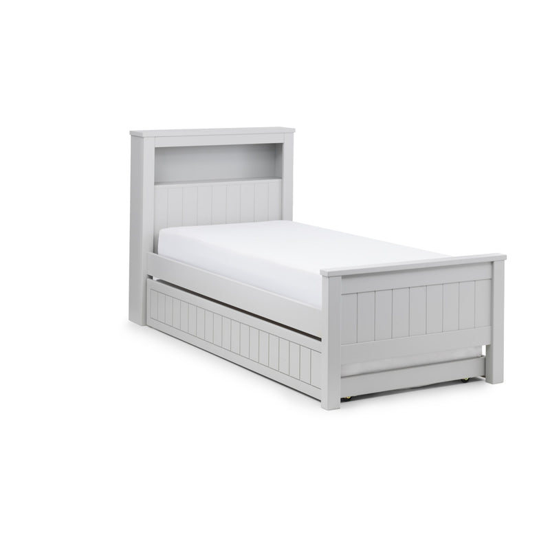 White wooden bed with a simple design on a white background