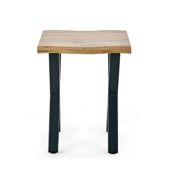 Small wooden table with black legs on a white background