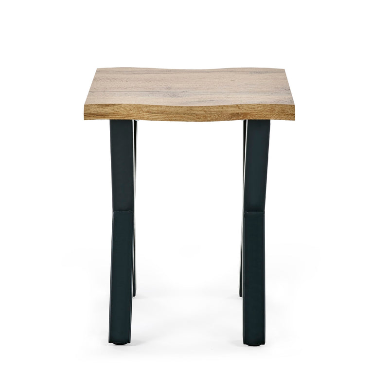 Small wooden table with black legs on a white background