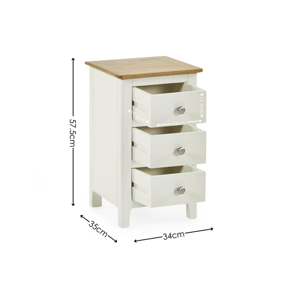 White dresser with four drawers and a wooden top, shown with dimensions on a white background.