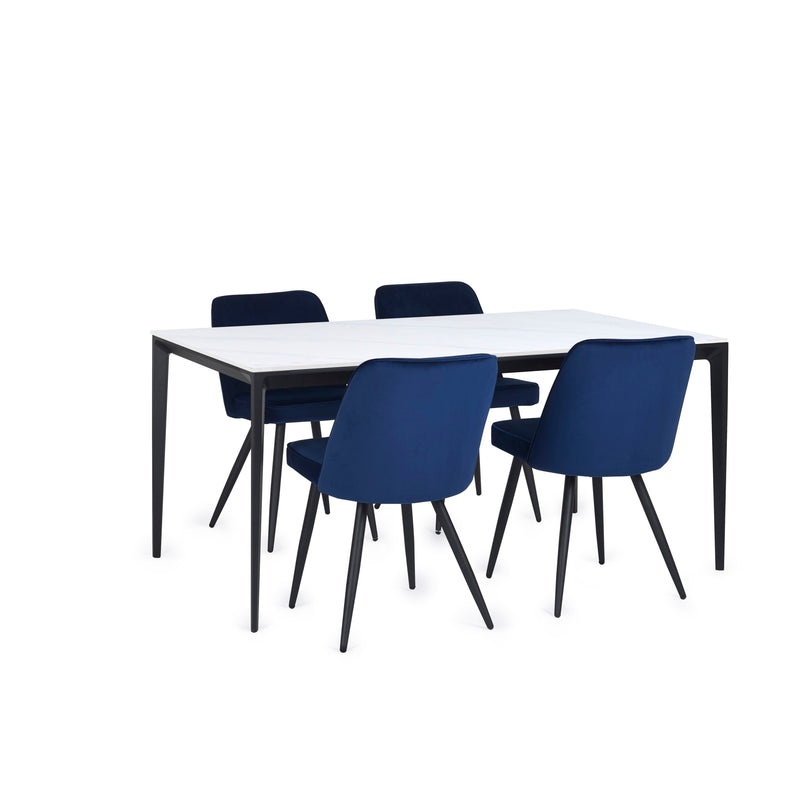 Dining table set with four blue chairs on a white background