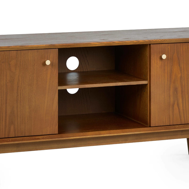 Wooden TV stand with open shelf on a white background