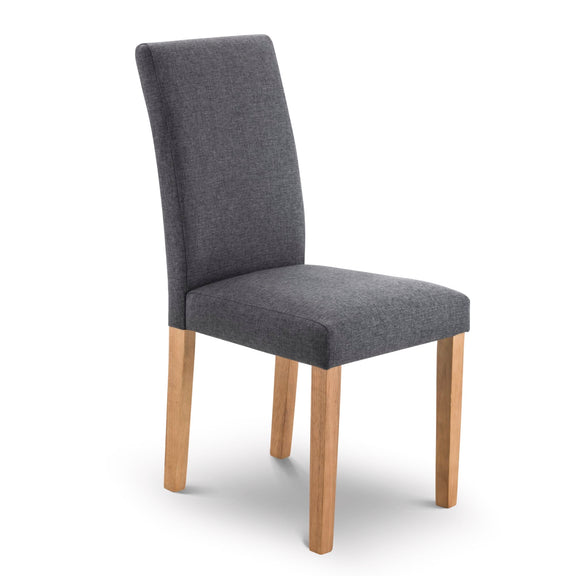 Gray upholstered chair with wooden legs on a white background