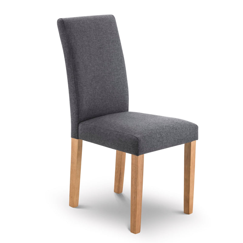 Gray upholstered chair with wooden legs on a white background