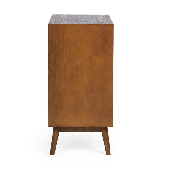 Wooden cabinet with a patterned top on a white background