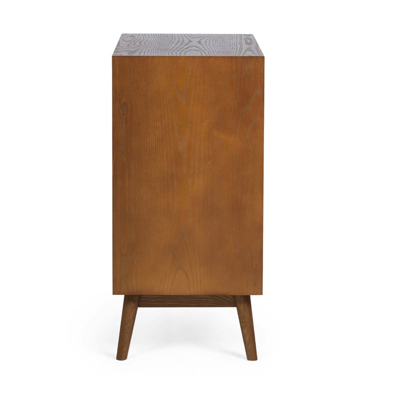 Wooden cabinet with a patterned top on a white background