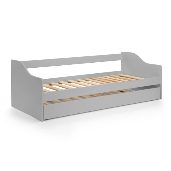 Gray bed frame with wooden slats on a white background