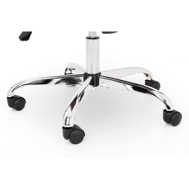 Chrome office chair base with black wheels on a white background