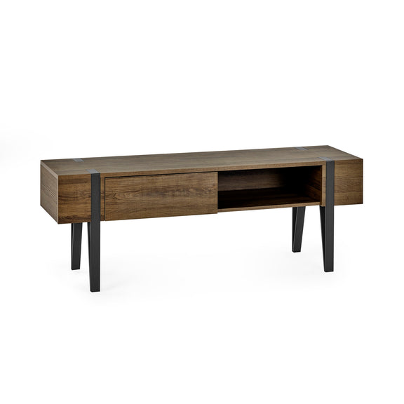 Wooden console table with black legs on a white background