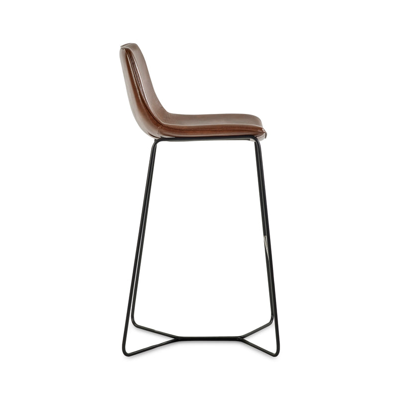 Bar stool with wooden seat and black metal legs on a white background