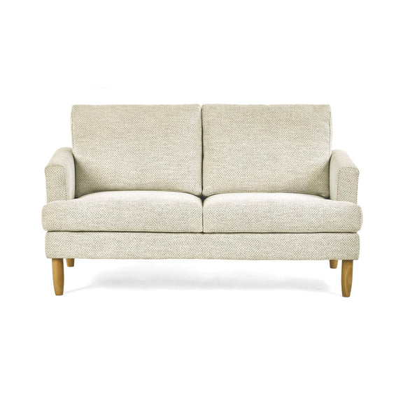 Beige sofa with wooden legs on a white background