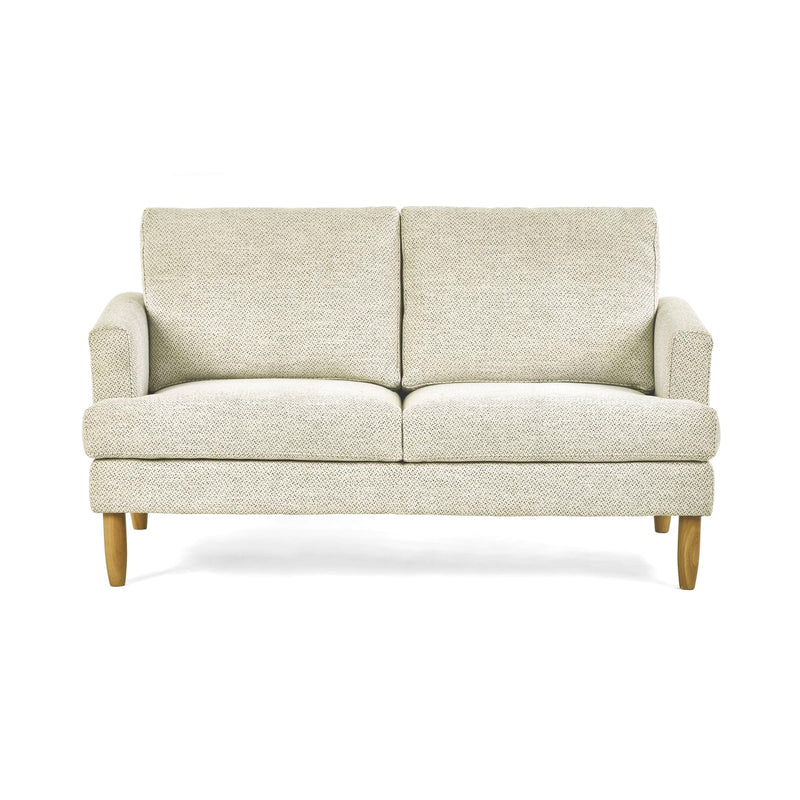 Beige sofa with wooden legs on a white background